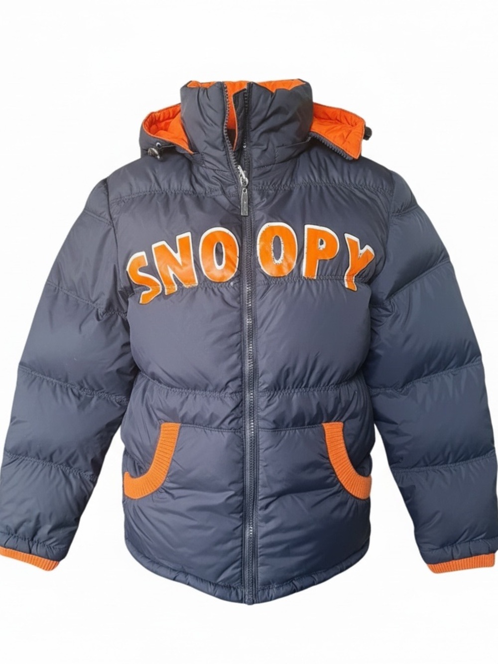 Vintage Kids Navy Puffer Jacket with Orange Trim - Snoopy Design